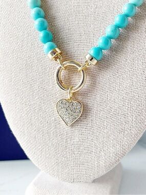 Santorini Heart Charm Turquoise Beaded Necklace | April Sparkle Box | New
